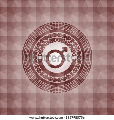 male icon inside red emblem or badge with geometric pattern background. Seamless.