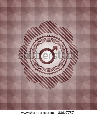 male icon inside red emblem or badge with geometric pattern background. Seamless. 