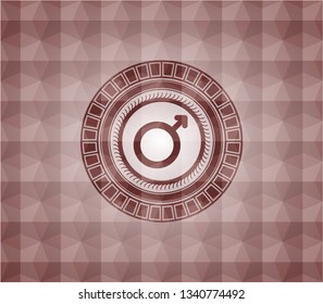 male icon inside red seamless emblem with geometric pattern.