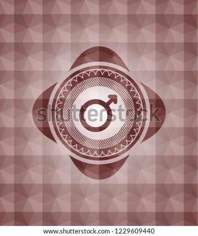 male icon inside red seamless emblem with geometric pattern.