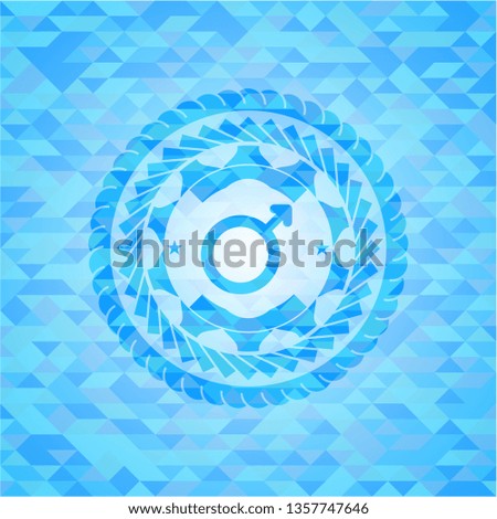 male icon inside sky blue emblem with triangle mosaic background
