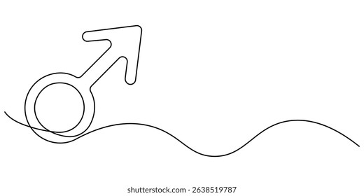Male icon line continuous drawing vector. One line Male gender icon vector background. Male gender. Continuous outline of a Male gender icon, Gender continuous one line drawing.