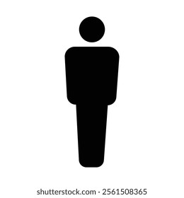 Male icon, minimalist design, black silhouette, white background, universal symbol, simplified human figure, gender representation, bathroom sign style, geometric shapes, clean lines, stark contrast.