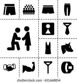 Male icon. set of 13 filled maleicons such as cow, female wc, singlet, underpants, tie, handshake, group, muscle, man swim wear, marriage proposal, sport shorts