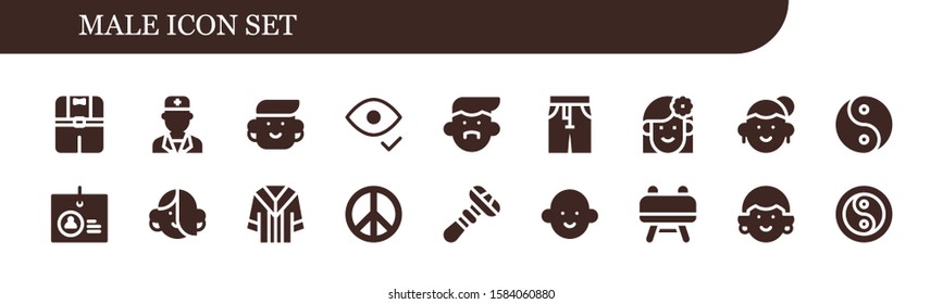 male icon set. 18 filled male icons.  Collection Of - Clothes, Doctor, Avatar, Eye, Pants, Woman, Yin yang, Identification, Uniform, Peace sign, Razor, Buck icons