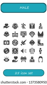 male icon set. 25 filled male icons.  Simple modern icons about  - Hand, Avatar, Run, Clothes, Woman, Poncho, Sewing box, Profile, Scientist, Tank top, Bathroom, Yin yang, Martial arts