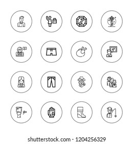 Male icon set. collection of 16 outline male icons with artist, boot, chicken, businessman, businesswoman, family, hand, girl, man, scientist, skeleton, shorts, toilet icons.