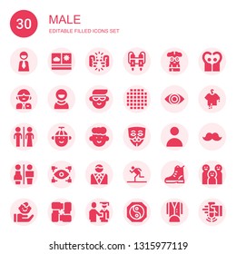 male icon set. Collection of 30 filled male icons included Businessman, View, Greeting, Jet pack, Nerd, Man, User, Avatar, Cloth, Eye, Restroom, Boy, Anonymous, Restrooms, Running