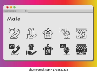 male icon set. included handshake, shirt, phone call, jacket, placeholder icons on white background. linear, filled styles.