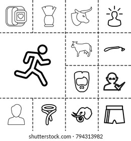 Male icons. set of 13 editable outline male icons such as elephant, razor, man hairstyle, tie, sport shorts, running man, user bulb, cow, man, brush, user and tick