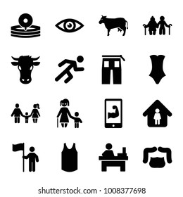 Male icons. set of 16 editable filled male icons such as cow, man hairstyle, swimsuit, pants, man in home, table, old couple, running, medical reflector, eye