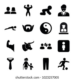 Male icons. set of 16 editable filled male icons such as baby crawl, man and woman, pants, yin yang, bodybuilder, football player, user communication, airport officer, cow