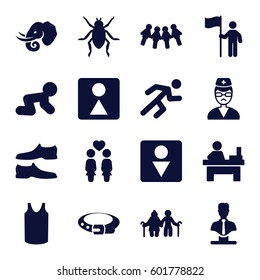 male icons set. Set of 16 male filled icons such as beetle, elephant, baby crawl, belt, Male WC, female WC, man shoe, singlet, table, bust, women couple, running, doctor