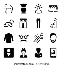 Male icons set. set of 16 male filled and outline icons such as man hairstyle, brush, male wc, sweater, underpants, mustache and glasses, doctor, muscular arm  on phone