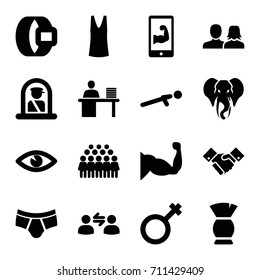 Male icons set. set of 16 male filled icons such as elephant, airport officer, man and woman, brush, man underwear, singlet, group, muscle, push up, eye, male