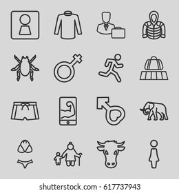 Male icons set. set of 16 male outline icons such as luggage belt, woman WC, cow, beetle, elephant, woman, sweater, hoodie, man swim wear, swimsuit, muscular arm  on phone