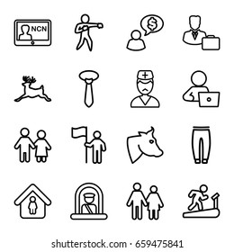 Male icons set. set of 16 male outline icons such as airport officer, cow, deer, underpants, tie, man in home, man with laptop, doctor, male consultant   with case, badge