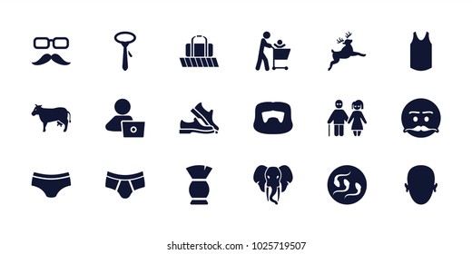 Male icons. set of 18 editable filled male icons: man hairstyle, brush, man underwear, tie, emot with mustache, father with not in shopping cart, luggage belt, cow, deer