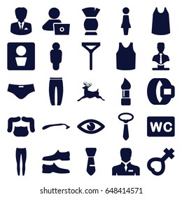 Male icons set. set of 25 male filled icons such as deer, man wc, woman, razor, brush, man hairstyle, wc, man shoe, singlet, underpants, tie, bust, eye, female, user