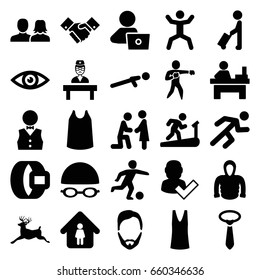 Male icons set. set of 25 male filled icons such as deer, man with luggage, man and woman, singlet, tie, hoodie, table, push up, squat, running, doctor, handshake, waiter, eye
