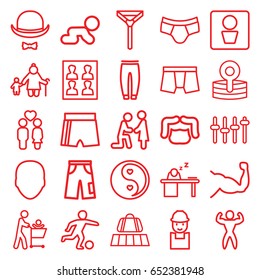 Male icons set. set of 25 male outline icons such as luggage belt, man wc, face, man hairstyle, man underwear, underpants, tie, pants, worker, muscle, couple, yin yang