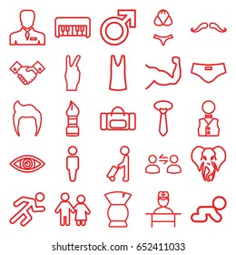 Male icons set. set of 25 male outline icons such as man with luggage, elephant, piano toy, man hairstyle, mustache, male, man, brush, singlet, tie, muscle, running, doctor