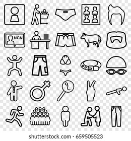 Male icons set. set of 25 male outline icons such as woman wc, cow, man hairstyle, belt, pants, businessman, group, push up, squat, male, search sperm