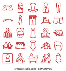Male icons set. set of 25 male outline icons such as woman wc, elephant, deer, man hairstyle, woman, razor, man underwear, singlet, underpants, swimsuit, pants, hoodie, table