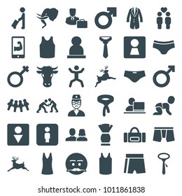 Male icons. set of 36 editable filled male icons such as man with luggage, woman wc, cow, deer, man and woman, singlet, tie, emot with mustache, children, sport shorts