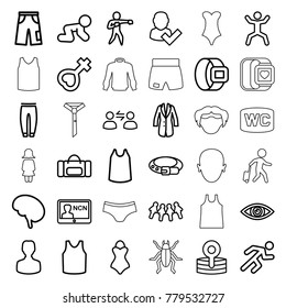 Male icons. set of 36 editable outline male icons such as baby crawl, belt, singlet, underpants, pants, user and tick, children, user, sport bag, squat, female, running