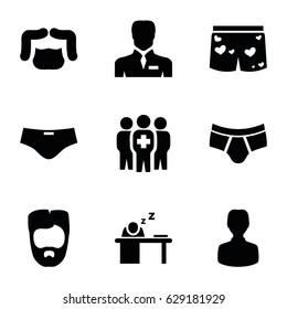 Male icons set. set of 9 male filled icons such as man hairstyle, man underwear, businessman, underwear with heart, medical group