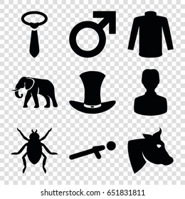 Male icons set. set of 9 male filled icons such as cow, beetle, elephant, male, sweater, tie, push up, hat