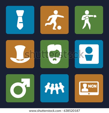 Male icons set. set of 9 male filled icons such as man wc, man hairstyle, tie, hat, karate, football player, badge, man symbol