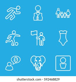 male icons set. Set of 9 male outline icons such as man WC, elephant, swimsuit, running, waiter, football player, man with flag, man thinking about money