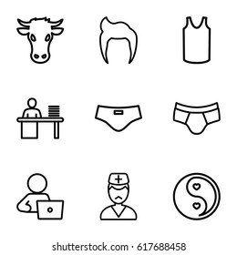 Male icons set. set of 9 male outline icons such as cow, man hairstyle, man underwear, singlet, yin yang