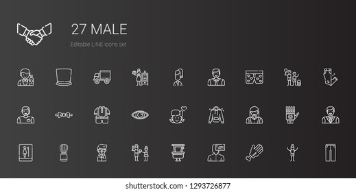 male icons set. Collection of male with hand, user, toilet, father, scientist, shaving brush, woman, hoodie, girl, eye, kid, bow tie, man, boxers. Editable and scalable male icons.