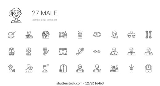 male icons set. Collection of male with men only, man, woman, suit and tie, remove user, user, girl, bow tie, hand, shorts, clerk, jacket, businesswoman. Editable and scalable male icons.