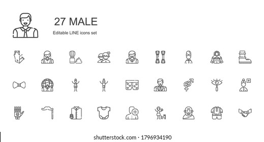 male icons set. Collection of male with socrates, girl, user, body, suit and tie, mustache, hand, gender, man, boxers, woman, bow tie, chest expander. Editable and scalable male icons.