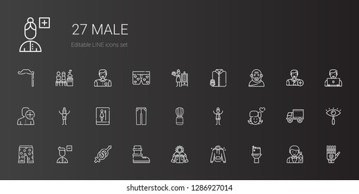 male icons set. Collection of male with toilet, hoodie, jacket, boots, gender, remove user, swim suit, girl, woman, shaving brush, trousers. Editable and scalable male icons.