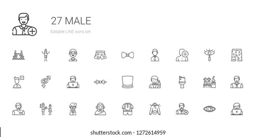 male icons set. Collection of male with user, hoodie, kid, aristotle, scientist, father, man, toilet, barman, top hat, bow tie, gender, remove user. Editable and scalable male icons.