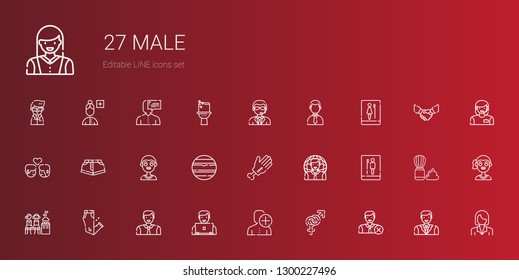 male icons set. Collection of male with user, gender, man, trousers, women only, toilet, hand, venus, boy, shorts, couple, businessman, doorman. Editable and scalable male icons.