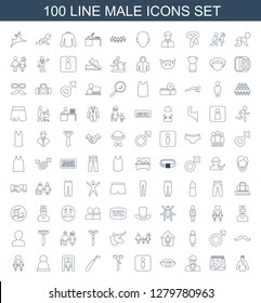 male icons. Trendy 100 male icons. Contain icons such as doctor with medical reflector, underwear with heart, businessman, eye, female WC, tie, razor. male icon for web and mobile.