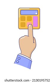 Botón de toque de dedo índice masculino en la calculadora. Empresario o contador contando ingresos de negocios, ganancias en calculadora electrónica cartografía ilustración vectorial aislado fondo blanco