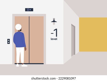 A male Indian character waiting for the elevator, a residential building floor, indoors