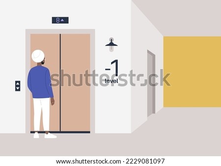 A male Indian character waiting for the elevator, a residential building floor, indoors