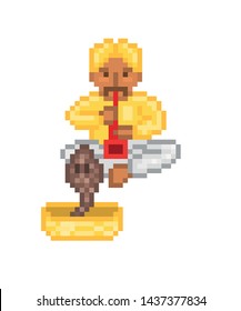 Male indian snake charmer in yellow costume and turban sitting and playing pungi to hypnotize a cobra in a basket, 8 bit pixel art character isolated on white. Retro video game/slot machine graphics.