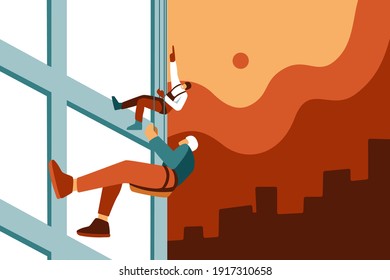 Male industrial climbers climb onto the roof of a building using cables. Guys on safety ropes against the background of flat windows of the house. Modern flat city background under the sun.