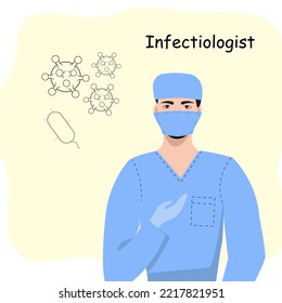 Arzt für Infektionskrankheiten bei Männern, der Handschuhe, eine Maske und eine medizinische Kappe auf dem Hintergrund eines schematischen Abbilds von Viren und Bakterien trägt