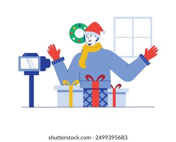 Male influencer during Christmas making gift unboxing video, winter season. Character design. Vector flat illustration