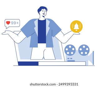 Male influencer, lots of notifications and bells for social media. Character design. Vector flat illustration
